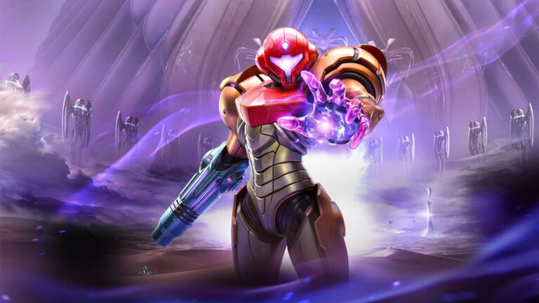 Samus Aran as depicted in her suit from Metroid Prime 4's opening
